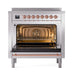 ILVE 36 Inch Nostalgie II Noblesse Freestanding Induction Range with 5 Elements, Griddle with Brass Trim Stainless Steel Open

