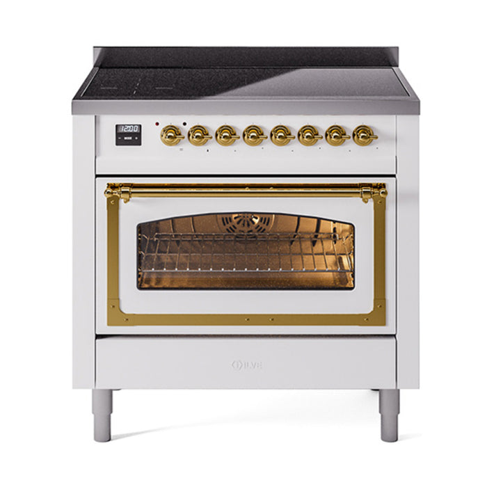 ILVE 36 Inch Nostalgie II Noblesse Freestanding Induction Range with 5 Elements, Griddle with Brass Trim White

