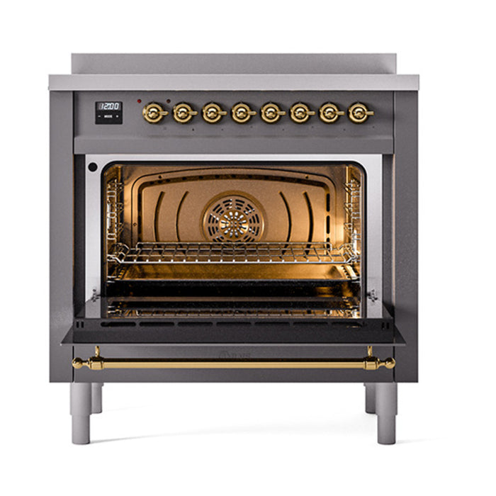ILVE 36 Inch Nostalgie II Noblesse Freestanding Induction Range with 5 Elements, Griddle with Brass Trim Graphite Matte Open
