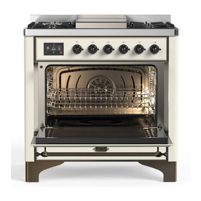 ILVE 36 Inch Majestic III Antique White Dual Fuel Range with 6 Black Brass Burners, Griddle and Dual Function Burner up to 25,000 BTU in Triple Glass Door Open