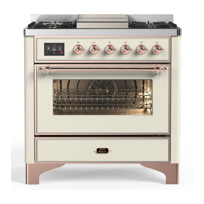 ILVE 36 Inch Majestic III Antique White Dual Fuel Range with 6 Black Brass Burners, Griddle and Dual Function Burner up to 25,000 BTU in Triple Glass Door Copper