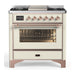 ILVE 36 Inch Majestic III Antique White Dual Fuel Range with 6 Black Brass Burners, Griddle and Dual Function Burner up to 25,000 BTU in Triple Glass Door Copper