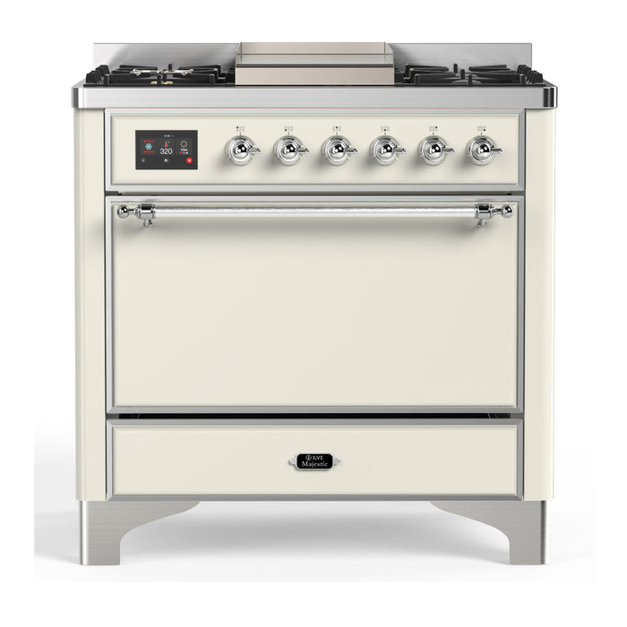 ILVE 36 Inch Majestic III Antique White Dual Fuel Range with 6 Black Brass Burners, Griddle and Dual Function Burner up to 25,000 BTU in Solid Door Chrome