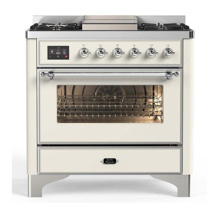ILVE 36 Inch Majestic III Antique White Dual Fuel Range with 6 Black Brass Burners, Griddle and Dual Function Burner up to 25,000 BTU in Triple Glass Door Chrome