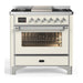 ILVE 36 Inch Majestic III Antique White Dual Fuel Range with 6 Black Brass Burners, Griddle and Dual Function Burner up to 25,000 BTU in Triple Glass Door Chrome