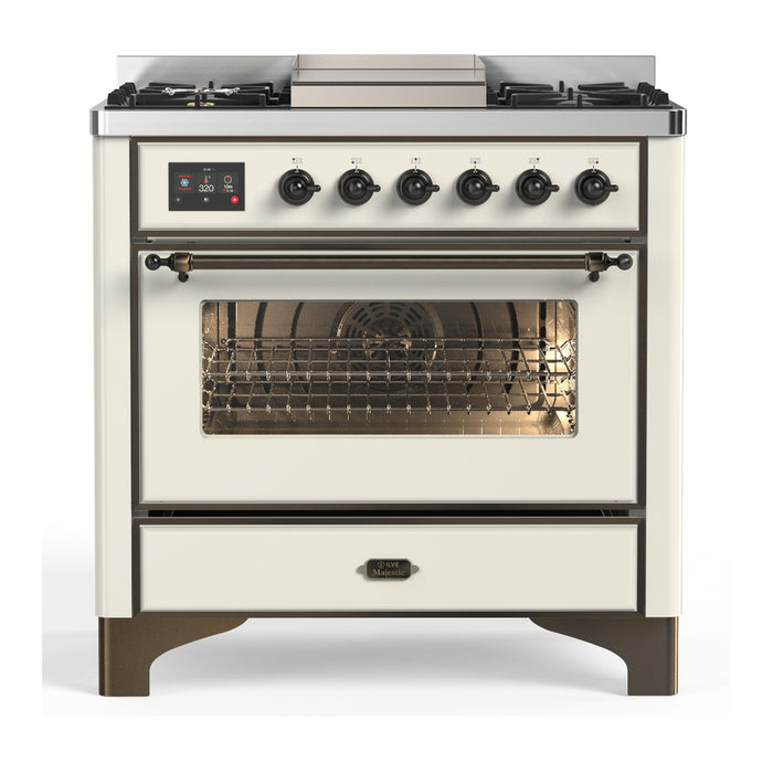 ILVE 36 Inch Majestic III Antique White Dual Fuel Range with 6 Black Brass Burners, Griddle and Dual Function Burner up to 25,000 BTU in Triple Glass Door Burnished