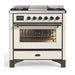 ILVE 36 Inch Majestic III Antique White Dual Fuel Range with 6 Black Brass Burners, Griddle and Dual Function Burner up to 25,000 BTU in Triple Glass Door Burnished
