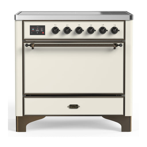 ILVE 36 Inch Majestic III Antique White Induction with 6 Elements and 3.5 Cu. Ft. Oven Capacity in Solid Door Burnished