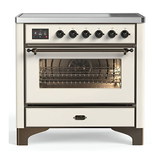 ILVE 36 Inch Majestic III Antique White Induction with 6 Elements and 3.5 Cu. Ft. Oven Capacity in Triple Glass Door Burnished