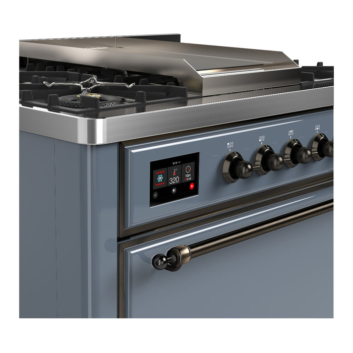 ILVE 36 Inch Majestic III Blue Grey Dual Fuel Range with 6 Black Brass Burners, Griddle and Dual Function Burner up to 25,000 BTU in Solid Door Side