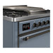 ILVE 36 Inch Majestic III Blue Grey Dual Fuel Range with 6 Black Brass Burners, Griddle and Dual Function Burner up to 25,000 BTU in Solid Door Side