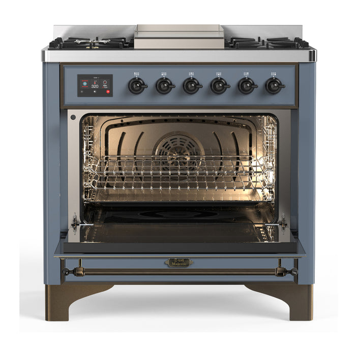 ILVE 36 Inch Majestic III Blue Grey Dual Fuel Range with 6 Black Brass Burners, Griddle and Dual Function Burner up to 25,000 BTU in Solid Door Open