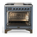 ILVE 36 Inch Majestic III Blue Grey Dual Fuel Range with 6 Black Brass Burners, Griddle and Dual Function Burner up to 25,000 BTU in Solid Door Open
