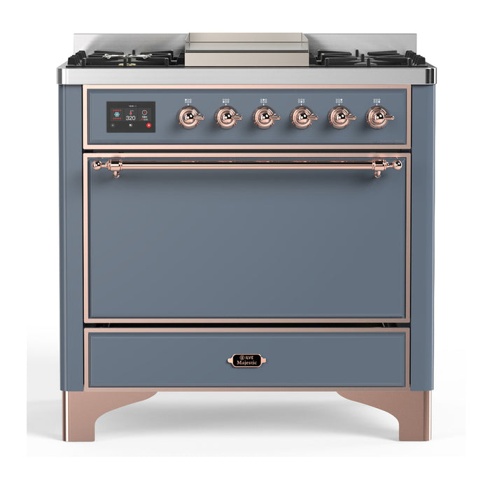 ILVE 36 Inch Majestic III Blue Grey Dual Fuel Range with 6 Black Brass Burners, Griddle and Dual Function Burner up to 25,000 BTU in Solid Door Copper