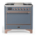 ILVE 36 Inch Majestic III Blue Grey Dual Fuel Range with 6 Black Brass Burners, Griddle and Dual Function Burner up to 25,000 BTU in Solid Door Copper