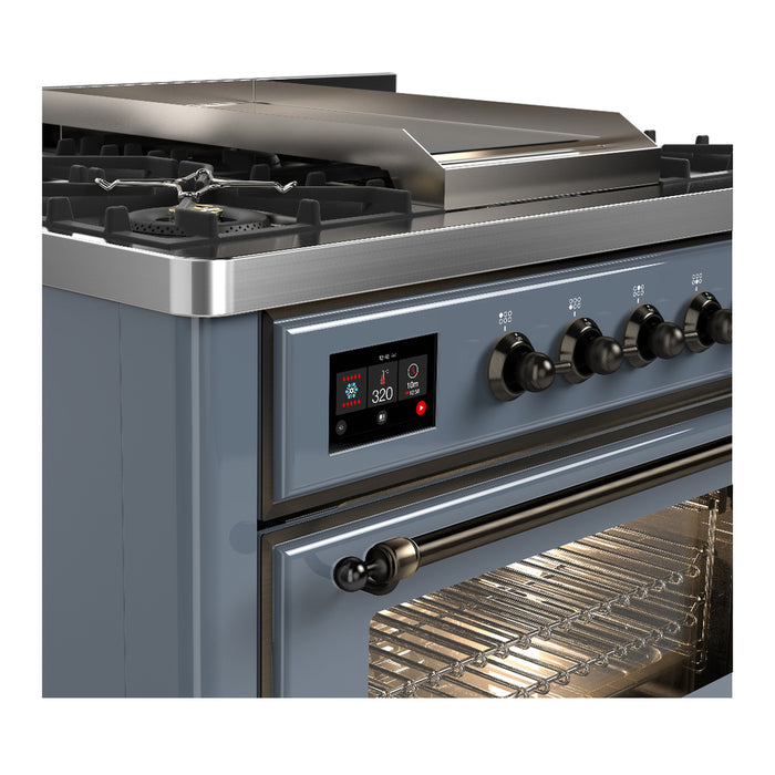 ILVE 36 Inch Majestic III Blue Grey Dual Fuel Range with 6 Black Brass Burners, Griddle and Dual Function Burner up to 25,000 BTU in Triple Glass Door Side