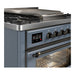 ILVE 36 Inch Majestic III Blue Grey Dual Fuel Range with 6 Black Brass Burners, Griddle and Dual Function Burner up to 25,000 BTU in Triple Glass Door Side