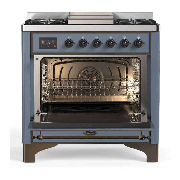 ILVE 36 Inch Majestic III Blue Grey Dual Fuel Range with 6 Black Brass Burners, Griddle and Dual Function Burner up to 25,000 BTU in Triple Glass Door Open