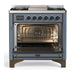 ILVE 36 Inch Majestic III Blue Grey Dual Fuel Range with 6 Black Brass Burners, Griddle and Dual Function Burner up to 25,000 BTU in Triple Glass Door Open