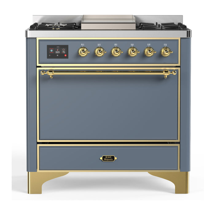 ILVE 36 Inch Majestic III Blue Grey Dual Fuel Range with 6 Black Brass Burners, Griddle and Dual Function Burner up to 25,000 BTU in Solid Door Brass