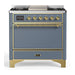 ILVE 36 Inch Majestic III Blue Grey Dual Fuel Range with 6 Black Brass Burners, Griddle and Dual Function Burner up to 25,000 BTU in Solid Door Brass