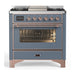 ILVE 36 Inch Majestic III Blue Grey Dual Fuel Range with 6 Black Brass Burners, Griddle and Dual Function Burner up to 25,000 BTU in Triple Glass Door Copper