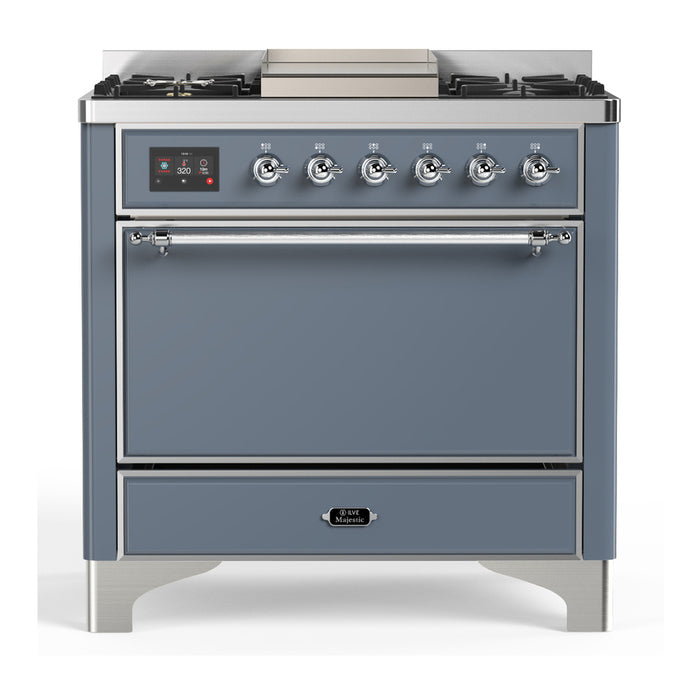 ILVE 36 Inch Majestic III Blue Grey Dual Fuel Range with 6 Black Brass Burners, Griddle and Dual Function Burner up to 25,000 BTU in Solid Door Chrome