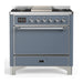 ILVE 36 Inch Majestic III Blue Grey Dual Fuel Range with 6 Black Brass Burners, Griddle and Dual Function Burner up to 25,000 BTU in Solid Door Chrome