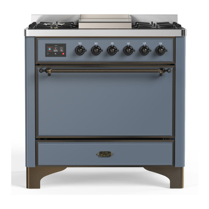 ILVE 36 Inch Majestic III Blue Grey Dual Fuel Range with 6 Black Brass Burners, Griddle and Dual Function Burner up to 25,000 BTU in Solid Door Burnished