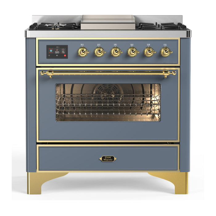 ILVE 36 Inch Majestic III Blue Grey Dual Fuel Range with 6 Black Brass Burners, Griddle and Dual Function Burner up to 25,000 BTU in Triple Glass Door Brass