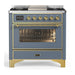 ILVE 36 Inch Majestic III Blue Grey Dual Fuel Range with 6 Black Brass Burners, Griddle and Dual Function Burner up to 25,000 BTU in Triple Glass Door Brass