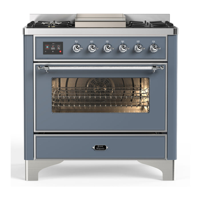 ILVE 36 Inch Majestic III Blue Grey Dual Fuel Range with 6 Black Brass Burners, Griddle and Dual Function Burner up to 25,000 BTU in Triple Glass Door Chrome