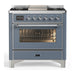 ILVE 36 Inch Majestic III Blue Grey Dual Fuel Range with 6 Black Brass Burners, Griddle and Dual Function Burner up to 25,000 BTU in Triple Glass Door Chrome