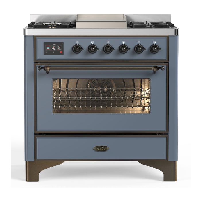 ILVE 36 Inch Majestic III Blue Grey Dual Fuel Range with 6 Black Brass Burners, Griddle and Dual Function Burner up to 25,000 BTU in Triple Glass Door Burnished