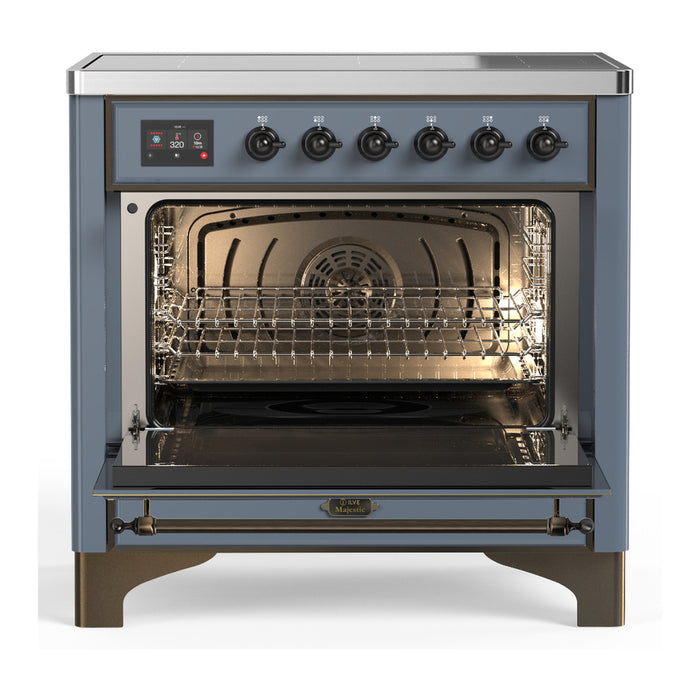 ILVE 36 Inch Majestic III Blue Grey Induction with 6 Elements and 3.5 Cu. Ft. Oven Capacity in Triple Glass Door Open