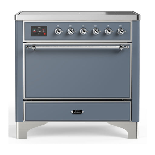 ILVE 36 Inch Majestic III Blue Grey Induction with 6 Elements and 3.5 Cu. Ft. Oven Capacity in Solid Door Chrome