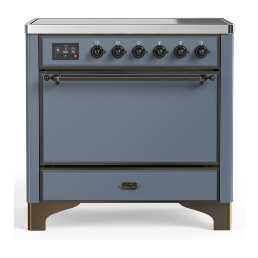 ILVE 36 Inch Majestic III Blue Grey Induction with 6 Elements and 3.5 Cu. Ft. Oven Capacity in Solid Door Burnished