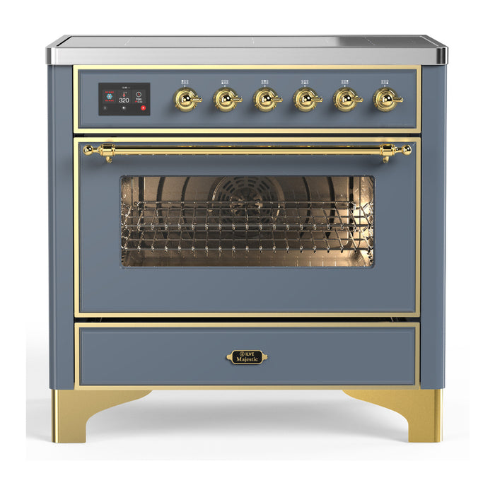 ILVE 36 Inch Majestic III Blue Grey Induction with 6 Elements and 3.5 Cu. Ft. Oven Capacity in Triple Glass Door Brass