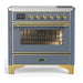 ILVE 36 Inch Majestic III Blue Grey Induction with 6 Elements and 3.5 Cu. Ft. Oven Capacity in Triple Glass Door Brass