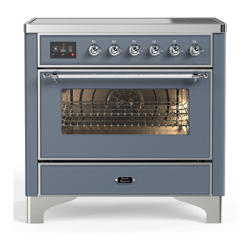 ILVE 36 Inch Majestic III Blue Grey Induction with 6 Elements and 3.5 Cu. Ft. Oven Capacity in Triple Glass Door Chrome