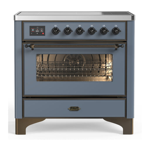 ILVE 36 Inch Majestic III Blue Grey Induction with 6 Elements and 3.5 Cu. Ft. Oven Capacity in Triple Glass Door Burnished