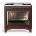 ILVE 36 Inch Majestic III Burgundy Dual Fuel Range with 6 Black Brass Burners, Griddle and Dual Function Burner up to 25,000 BTU in Solid Door Open