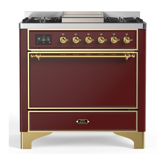 ILVE 36 Inch Majestic III Burgundy Dual Fuel Range with 6 Black Brass Burners, Griddle and Dual Function Burner up to 25,000 BTU in Solid Door Brass
