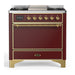 ILVE 36 Inch Majestic III Burgundy Dual Fuel Range with 6 Black Brass Burners, Griddle and Dual Function Burner up to 25,000 BTU in Solid Door Brass