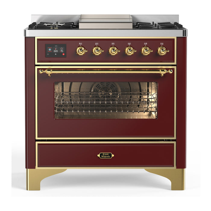 ILVE 36 Inch Majestic III Burgundy Dual Fuel Range with 6 Black Brass Burners, Griddle and Dual Function Burner up to 25,000 BTU in Triple Glass Door Brass