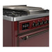 ILVE 36 Inch Majestic III Burgundy Dual Fuel Range with 6 Black Brass Burners, Griddle and Dual Function Burner up to 25,000 BTU in Solid Door Side