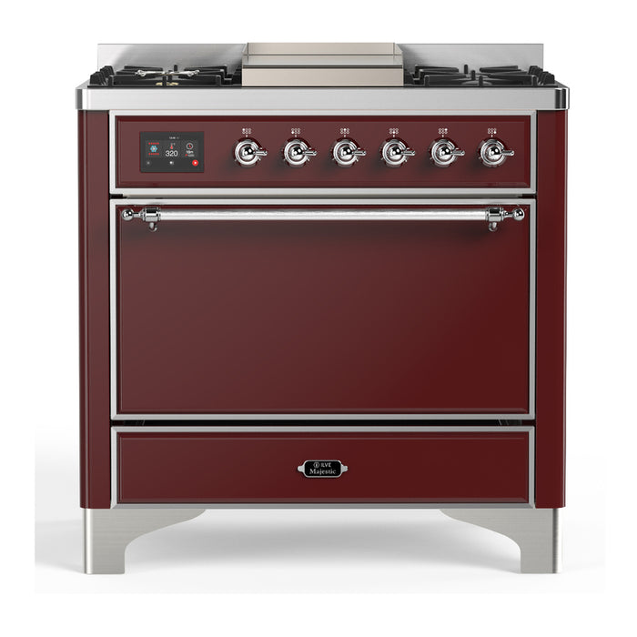 ILVE 36 Inch Majestic III Burgundy Dual Fuel Range with 6 Black Brass Burners, Griddle and Dual Function Burner up to 25,000 BTU in Solid Door Chrome