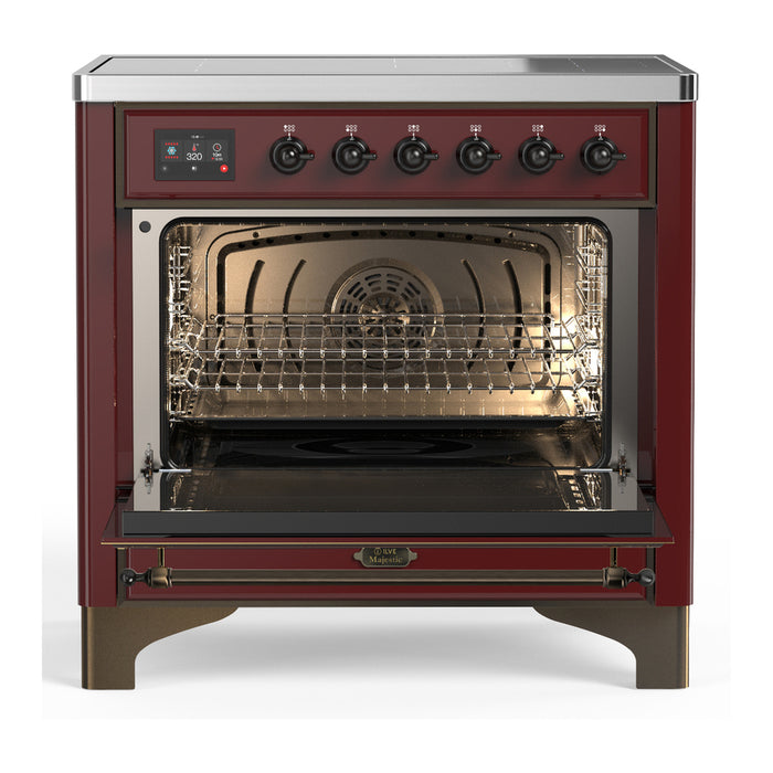 ILVE 36 Inch Majestic III Burgundy Induction with 6 Elements and 3.5 Cu. Ft. Oven Capacity in Solid Door Open