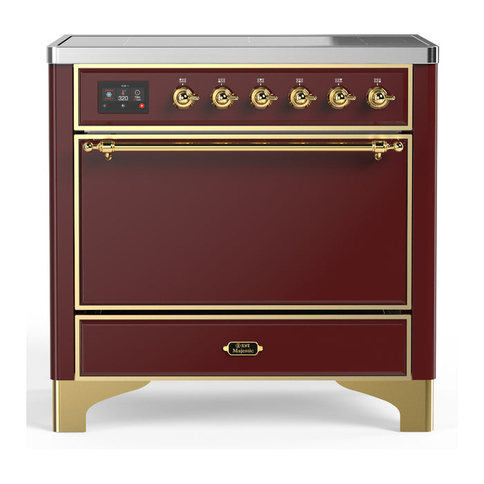 ILVE 36 Inch Majestic III Burgundy Induction with 6 Elements and 3.5 Cu. Ft. Oven Capacity in Solid Door Brass