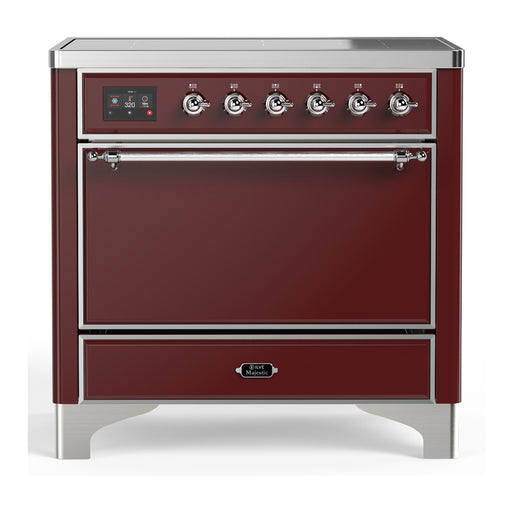 ILVE 36 Inch Majestic III Burgundy Induction with 6 Elements and 3.5 Cu. Ft. Oven Capacity in Solid Door Chrome